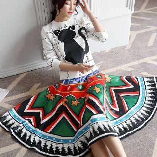 Set: Cat Print Top + A-line Skirt