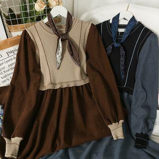 Two-tone Puff-sleeve Midi Dress With Silk-scarf