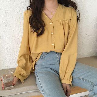 Long-sleeve V-neck Blouse Yellow - One Size