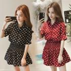 Set: Dotted Elbow-sleeve Blouse + High-waist Wide-leg Shorts