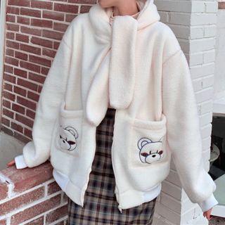 Bear Embroidered Fleece Zip-up Hoodie