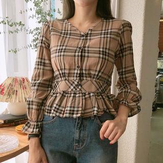 V-neck Plaid Peplum Blouse Beige - One Size