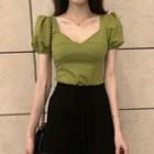 Square-neck Puff-sleeve T-shirt / Wide-leg Pants