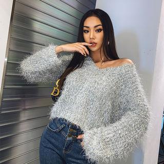 V-neck Furry Loose-fit Sweater