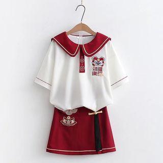 Elbow-sleeve Collar Print T-shirt / Mini A-line Skirt / Set