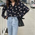 Floral Long-sleeve Loose-fit Shirt Blue - One Size