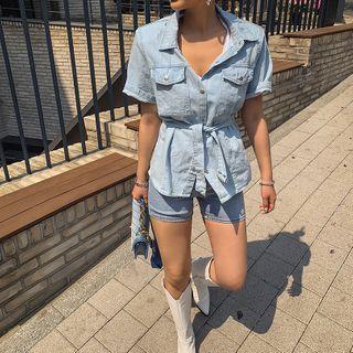 Dual-pocket Denim Shirt With Sash