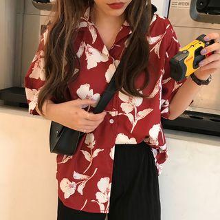 Floral Elbow-sleeve Shirt Red - One Size