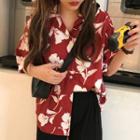Floral Elbow-sleeve Shirt Red - One Size
