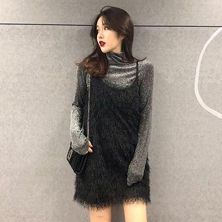 Turtleneck Long-sleeve Top / Sleeveless Fringed Spaghetti-strap Dress
