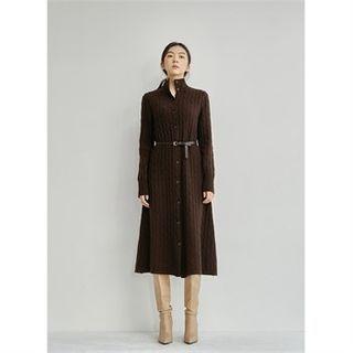 High-neck Cable-knit Dress With Belt