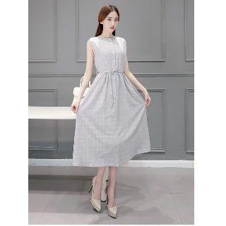 Sleeveless Check Gather-waist Midi Dress