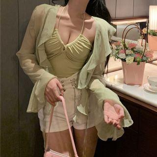 Bell-sleeve Ruffled Blouse / Camisole Top / High Waist Shorts
