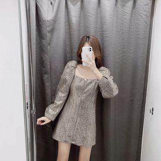 Sequined Puff-sleeve Front-sleeve A-line Mini Dress