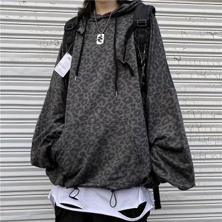 Leopard Print Drawstring-cuff Hoodie