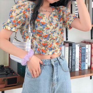 Flower Print Short-sleeve Blouse Flower - One Size