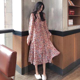 Printed Floral Chiffon Lace Up V Collar Dress As Shown In Figure - One Size