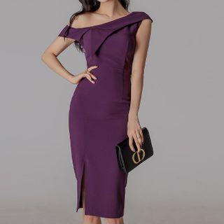 One-shoulder Plain Slit Midi Bodycon Dress