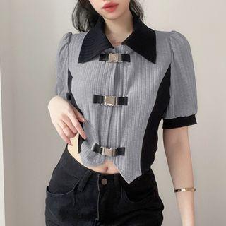 Puff-sleeve Knit Panel Buckled Shirt