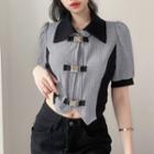Puff-sleeve Knit Panel Buckled Shirt