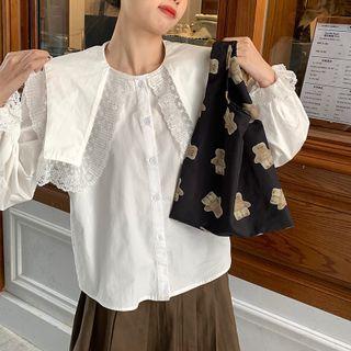 Wide Collar Lace Panel Blouse Blouse - Lace - White - One Size