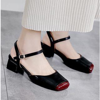 Faux Leather Two Tones Square Toe Block Heel Sandals