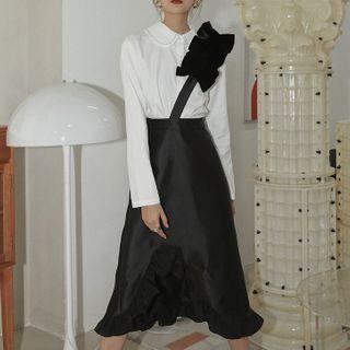Plain Shirt / Ruffle Hem Midi Skirt