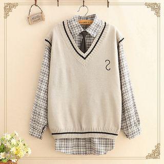 Set: V-neck Embroidered Knit Vest + Gingham Long-sleeve Shirt