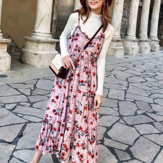 Set: Long-sleeve Top + Spaghetti Strap Floral Print Dress
