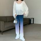 Long-sleeve Plain Sheer Knit Top / Plain Camisole Top / High-waist Gradient Wide-leg Pants