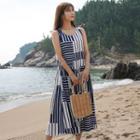 Sleeveless Drop-waist Long Striped Dress