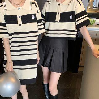 Short-sleeve Striped A-line Polo Dress 1892 - Dress - Black & White - One Size