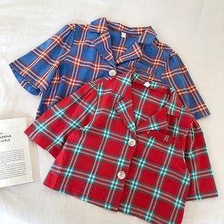 Elbow-sleeve Plaid Cropped Shirt