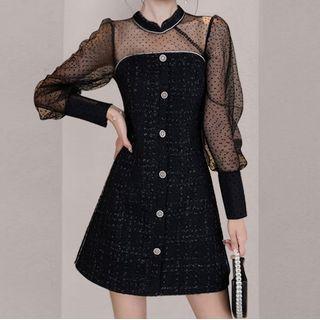 Dotted Mesh Panel Tweed Sheath Dress