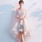 Elbow-sleeve Flower Applique High-low Prom Dress