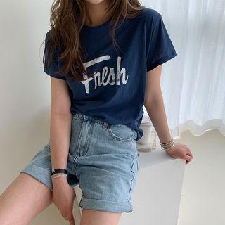 Letter Print Cotton T-shirt Navy Blue - One Size