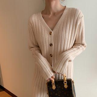 V-neck Buttoned Ribbed Knit Dress
