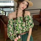 Puff-sleeve Off-shoulder Floral Blouse Green - One Size
