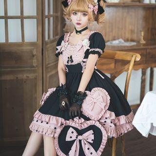 Puff-sleeve Ribbon Ruffled A-line Dress / Head Band / Heart Bag / Set