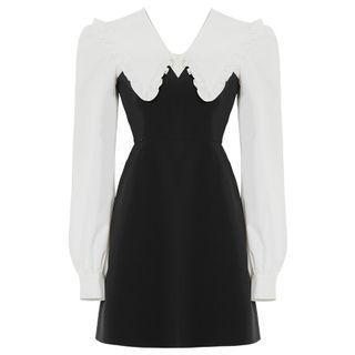 Mock-two-piece Long-sleeve Peter Pan Collar Panel Plain Mini A-line Dress