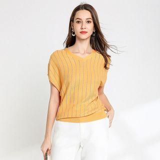 Short-sleeve Striped Knit Top Orange - One Size