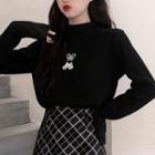 Butterfly Embroidered Mock-turtleneck Long-sleeve Top