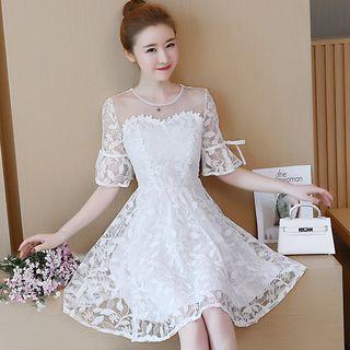 Elbow-sleeve A-line Mini Lace Dress