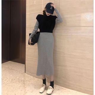 Set: Mock-neck Short-sleeve Knit Top + Long-sleeve Midi Knit Dress As Shown In Figure - One Size