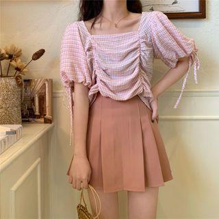 Plaid Puff-sleeve Square Neck Shirred Blouse