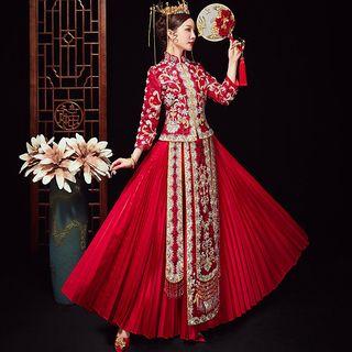 Sequined Embroidered Chinese Wedding Cheongsam / Headpiece / Set