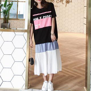 Short-sleeve Pleated Panel Midi Dress