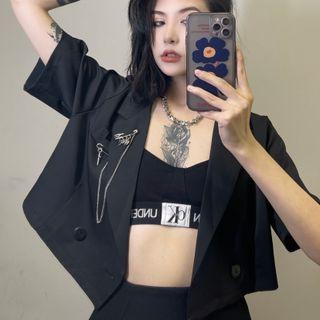 Short-sleeve Chained Double-breasted Cropped Blazer Black - One Size