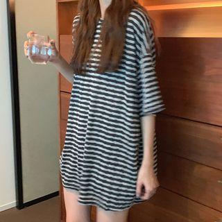 Striped Oversized Long T-shirt Black - One Size