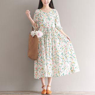 Floral Print Elbow-sleeve Midi A-line Dress